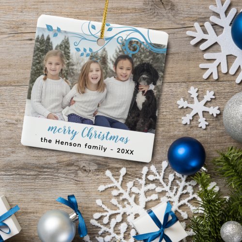 Custom Family Blue Foliage Merry Christmas Photo Ceramic Ornament