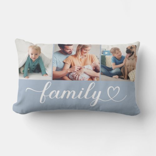 Custom Family Blue Heart Script 3 Photo Collage Lumbar Pillow