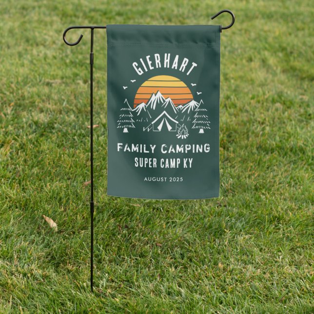 Custom Family Camping Vacation Retro Sunset Garden Flag (In SItu)