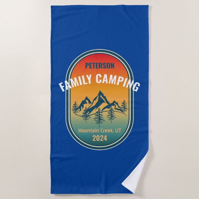 Custom Family Camping Vintage Sunset Adventure Beach Towel (Front)