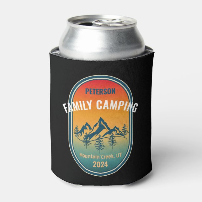 Custom Family Camping Vintage Sunset Adventure Can Cooler (Can Front)