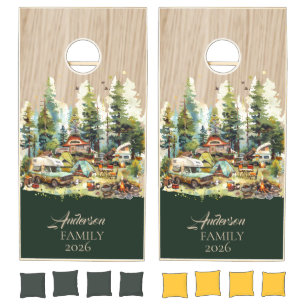 Custom Family Camping Watercolor Forest Summer Cornhole Set
