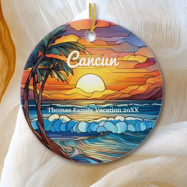 Custom Family Cancun Vacation Faux Stained Glass Ceramic Ornament (Creator Uploaded)