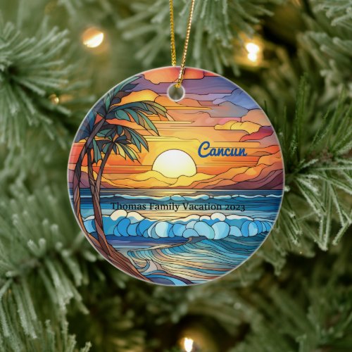 Custom Family Cancun Vacation Faux Stained Glass Ceramic Ornament