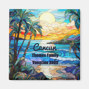 Custom Family Cancun Vacation Faux Stained Glass Magnet
