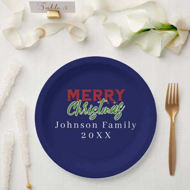 Custom Family Christmas Blue Paper Plate (Wedding)