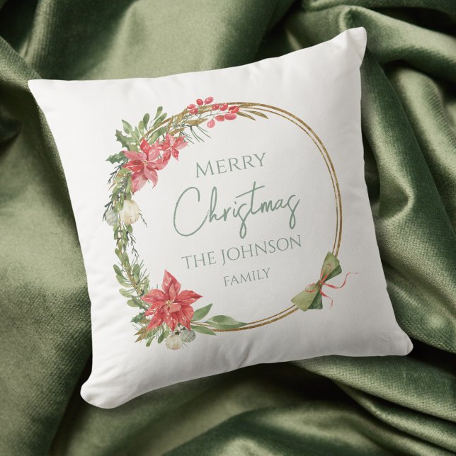 Custom Family Christmas Botanical Golden Wreath Throw Pillow (Creator Uploaded)