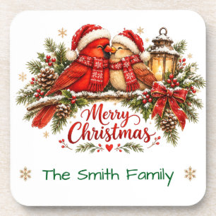 Custom Family Christmas Cardinals Winter Favor Beverage Coaster