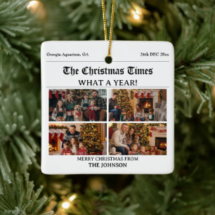Custom Family Christmas Newspaper Photo Collage Ceramic Ornament