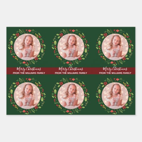 Custom Family Christmas Photo Festive Green Red Wrapping Paper Sheets