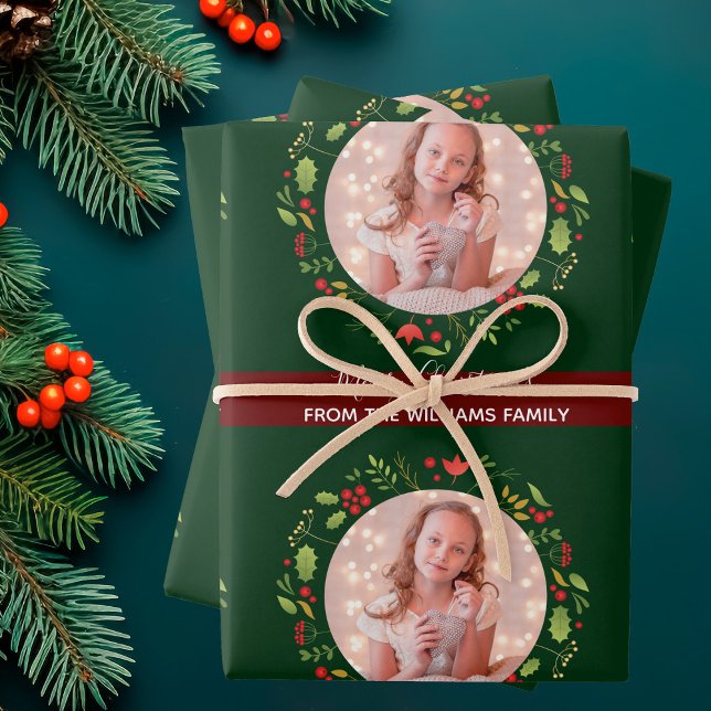 Custom Family Christmas Photo Festive Green Red Wrapping Paper Sheets (Creator Uploaded)