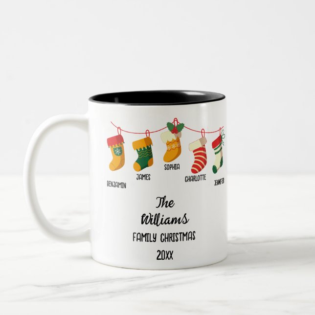 Custom Family Christmas Stockings 5 Names Two-Tone Coffee Mug (Left)