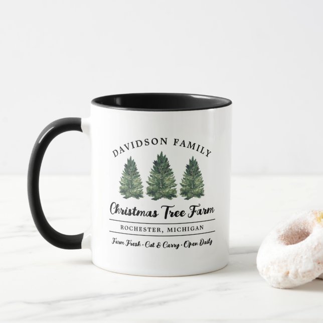 Custom Family Christmas Tree Farm Holiday Mug (With Donut)