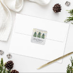 Custom Family Christmas Tree Farm Holiday Square Sticker<br><div class="desc">Custom Christmas Tree Farm envelope seal sticker in green, charcoal gray, and white colors. Features a modern rustic design with 3 fresh-cut green watercolor Christmas trees with bright sting lights and a gray winter snow background. Personalize with with your choice of "Merry Christmas" or other greeting and your family name....</div>