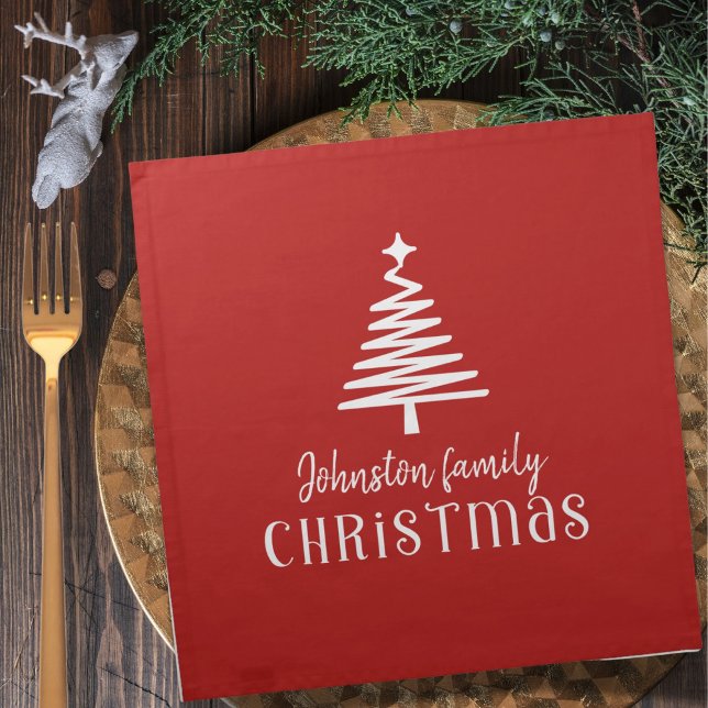Custom family Christmas tree simple red  Cloth Napkin (Creator Uploaded)