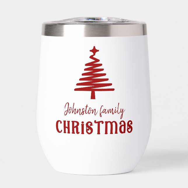 Custom family Christmas tree simple red  Thermal Wine Tumbler