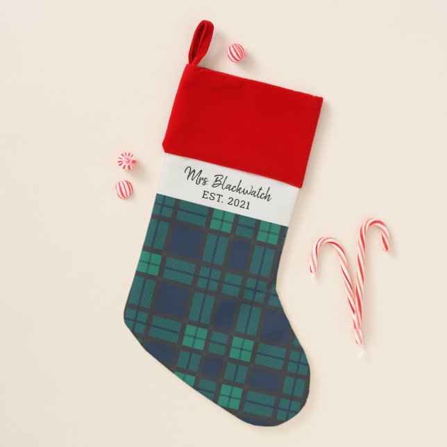 Custom Family Clan Black Watch Plaid Check Tartan Christmas Stocking (Front)