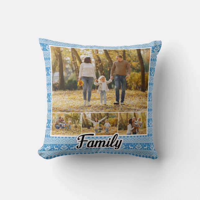 Custom Family Cozy Sweater Christmas Reindeer Snow Throw Pillow (Front)