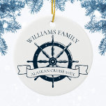 Custom Family Cruise Ship Nautical Wheel Monogram Ceramic Ornament<br><div class="desc">Chic custom summer vacation Christmas ornament gift for your beach cruise on the ocean featuring a navy blue boat steering wheel. This nautical themed design is perfect for classy matching family reunion keepsakes to commemorate the special trip. Personalize with your last name and year.</div>