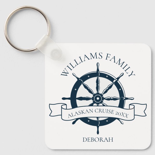 Custom Family Cruise Ship Nautical Wheel Monogram Keychain (Front)