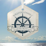 Custom Family Cruise Ship Trip Keepsake Nautical Glass Ornament<br><div class="desc">Chic custom summer vacation Christmas ornament gift for your beach cruise on the ocean featuring a navy blue boat steering wheel. This nautical themed design is perfect for classy matching family reunion keepsakes to commemorate the special trip. Personalize with your last name and year.</div>