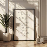 Custom Family Dates Keepsake Milestones Poster<br><div class="desc">What a difference a day makes! A custom family dates poster that includes space for four important dates like marriage and birth of kids. Modern design with a script font that has a handwritten look. This personalized family sign with kids birth dates makes a great gift for mom, mother’s day...</div>