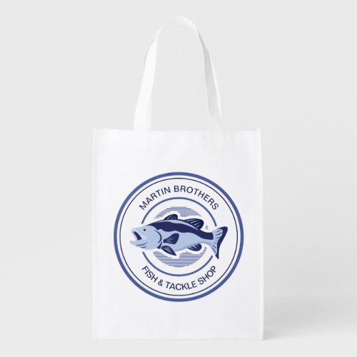 Custom Family Fishing Trip Blue Fish Tackle Shop Grocery Bag