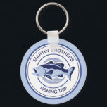 Custom Family Fishing Trip Blue Lake Fisherman Keychain<br><div class="desc">Customize this family fishing trip keychain for your dad and brothers before going out on the lake to fish this summer. A cool periwinkle and navy blue fisherman design with an open mouthed bass and your custom text or last name.</div>