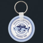 Custom Family Fishing Trip Blue Lake Fisherman Keychain<br><div class="desc">Customize this family fishing trip keychain for your dad and brothers before going out on the lake to fish this summer. A cool periwinkle and navy blue fisherman design with an open mouthed bass and your custom text or last name.</div>
