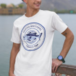 Custom Family Fishing Trip Blue Lake Fisherman T-Shirt<br><div class="desc">Customize this family fishing trip t-shirt for your dad and brothers before going out on the lake to fish this summer. A cool periwinkle and navy blue fisherman design with an open mouthed bass and your custom text or last name.</div>