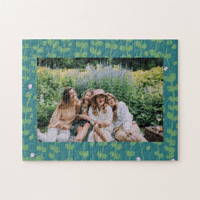 Custom Family Friends Photo Green Floral Botanical Jigsaw Puzzle (Horizontal)