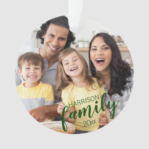 Custom FAMILY Green Script 2 Photo Keepsake Ornament