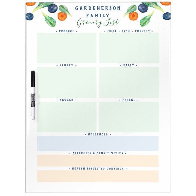 Custom Family Grocery List  Dry Erase Board (Front)