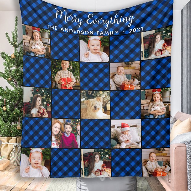 Custom Family Holiday Blue Patchwork Plaid Photo Fleece Blanket (Creator Uploaded)