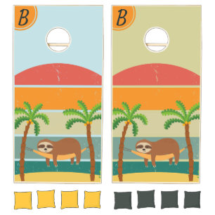 Custom Family Initial Retro Sloth Sunset Cornhole Set