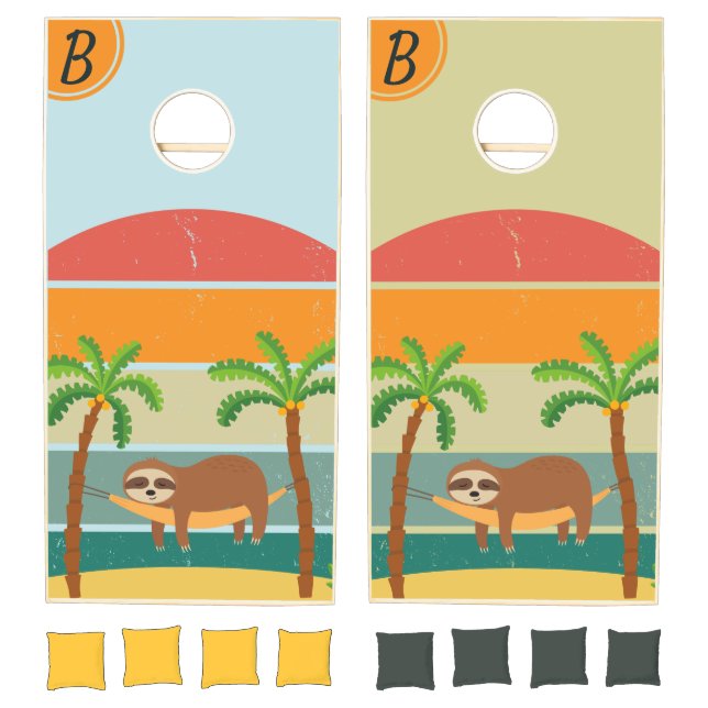 Custom Family Initial Retro Sloth Sunset Cornhole Set (Set)