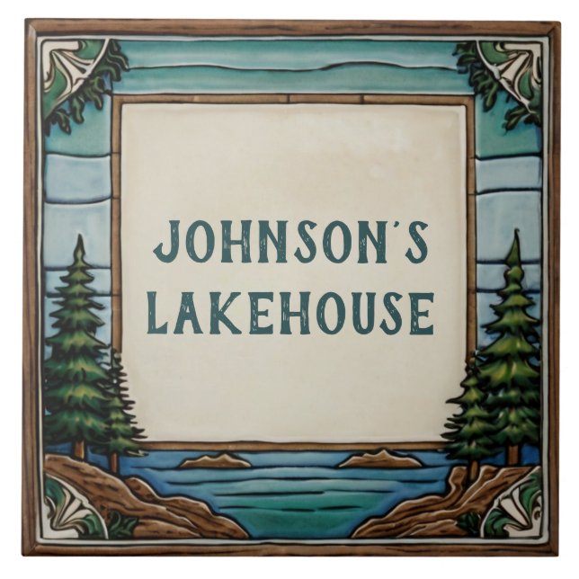 Custom Family Last Name Lakehouse House Name Sign Ceramic Tile (Front)