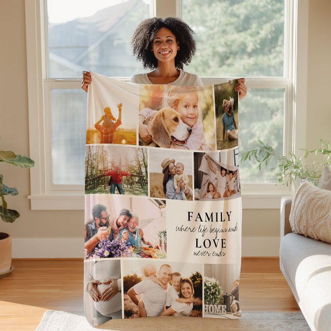Custom Family Love Photo Collage Modern Quote Chic Fleece Blanket (Creator Uploaded)
