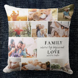 Custom Family Love Photo Collage Modern Quote Chic Throw Pillow<br><div class="desc">An elegant, modern Mother's Day gift: An elegant quote family photo collage throw pillow reading FAMILY where Life begins and Love never ends in pretty hand lettered script alongside modern typography and 10 of your favorite pictures. Text is fully customizable in the design tool. This is the pretty, elegant version...</div>