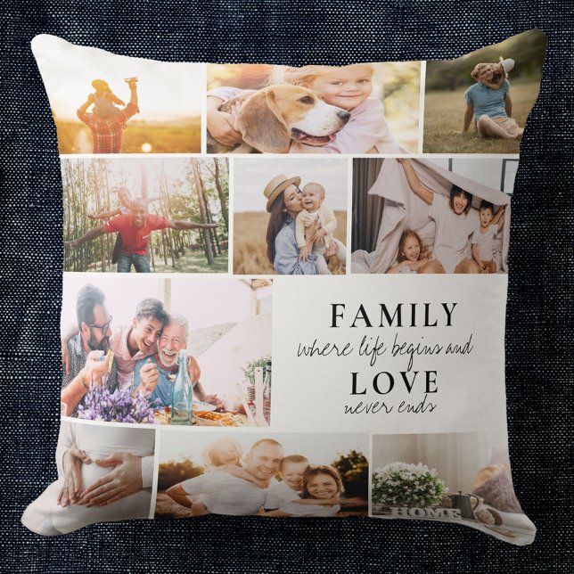 Custom Family Love Photo Collage Modern Quote Chic Throw Pillow (Creator Uploaded)