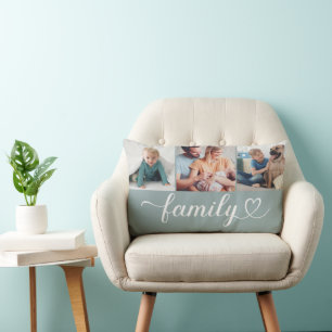 Custom Family Mist Heart Script 3 Photo Collage Lumbar Pillow