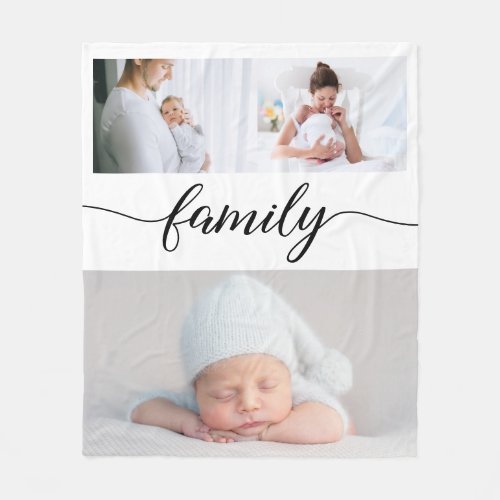 Custom Family Modern elegant Script Photo Collage Fleece Blanket