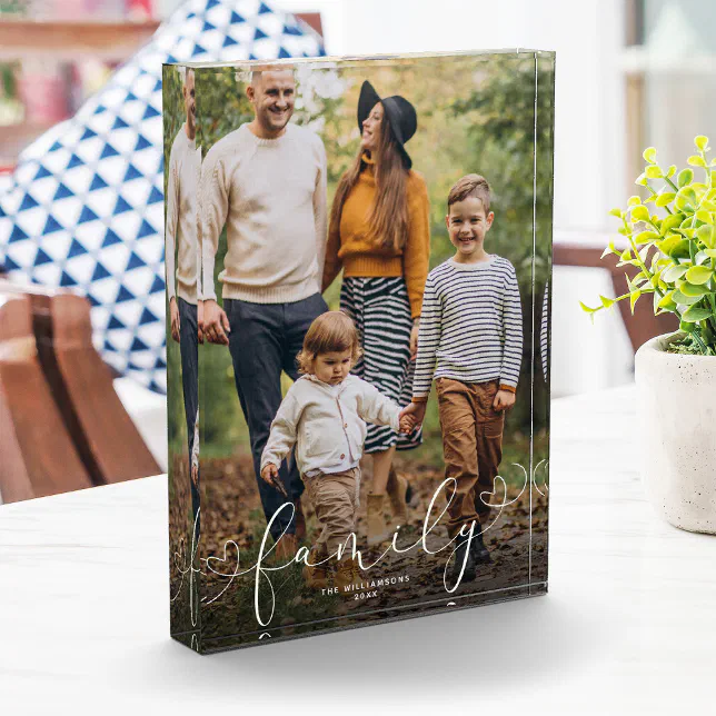 Custom Family Modern Heart Script Photo Block | Zazzle