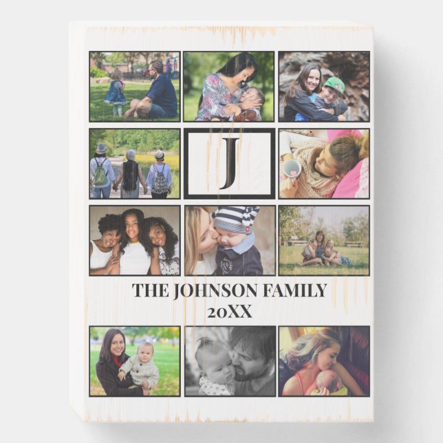 Custom Family Monogram 11 Photo Collage  Wooden Box Sign (Front Vertical)