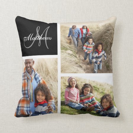 Custom Family Monogram Black Photo Collage Pillow