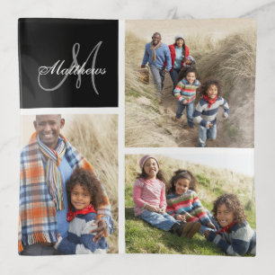 Custom Family Monogram Black Photo Collage Trinket Tray