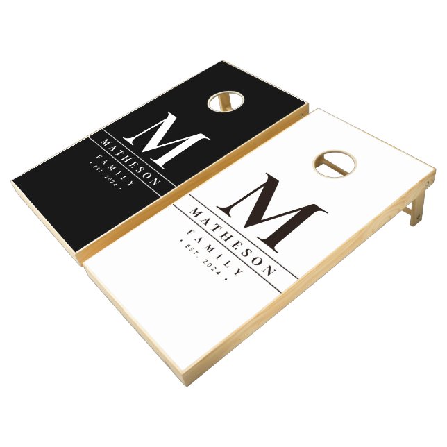Custom Family Monogram Black White Personalized Cornhole Set (Angled)