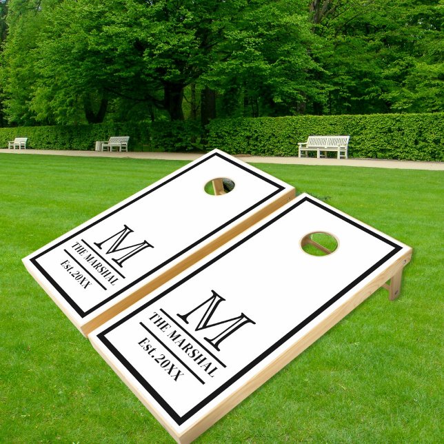 Custom Family Monogram Name Black And White Cornhole Set (Creator Uploaded)