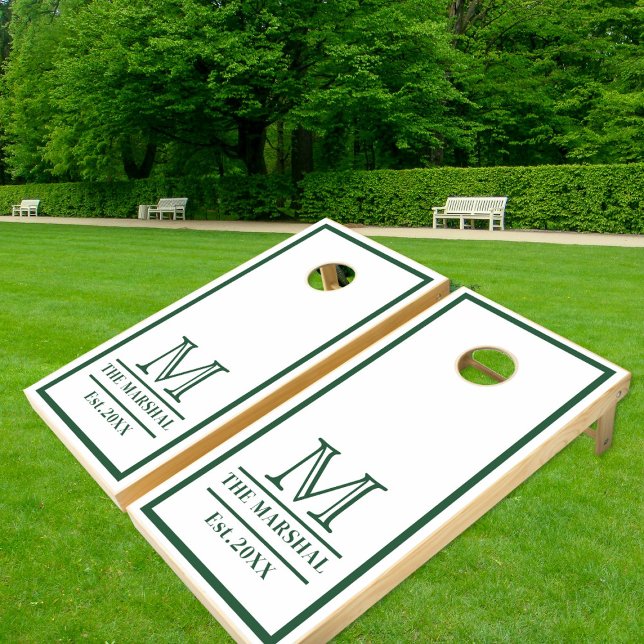 Custom Family Monogram Name Forest Green And White Cornhole Set (Creator Uploaded)