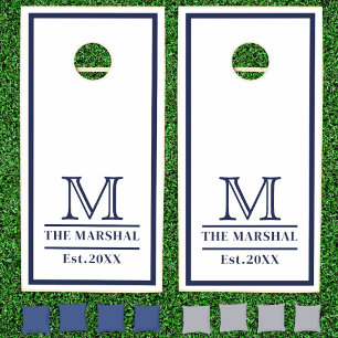 Custom Family Monogram Name Navy And White Cornhole Set